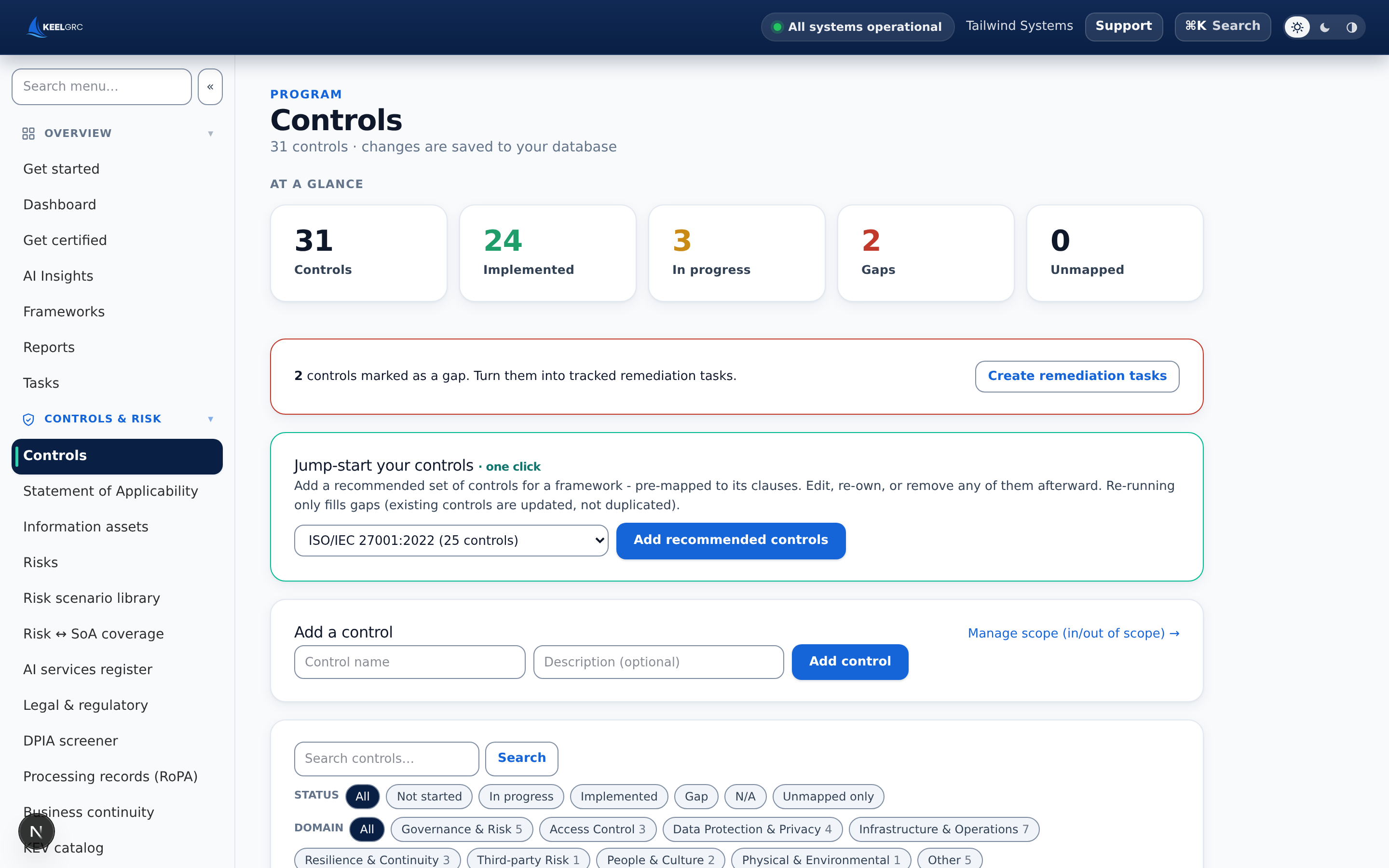 Keel controls library with each control crosswalked to ISO 27001 clauses, owners, evidence files, and implementation status