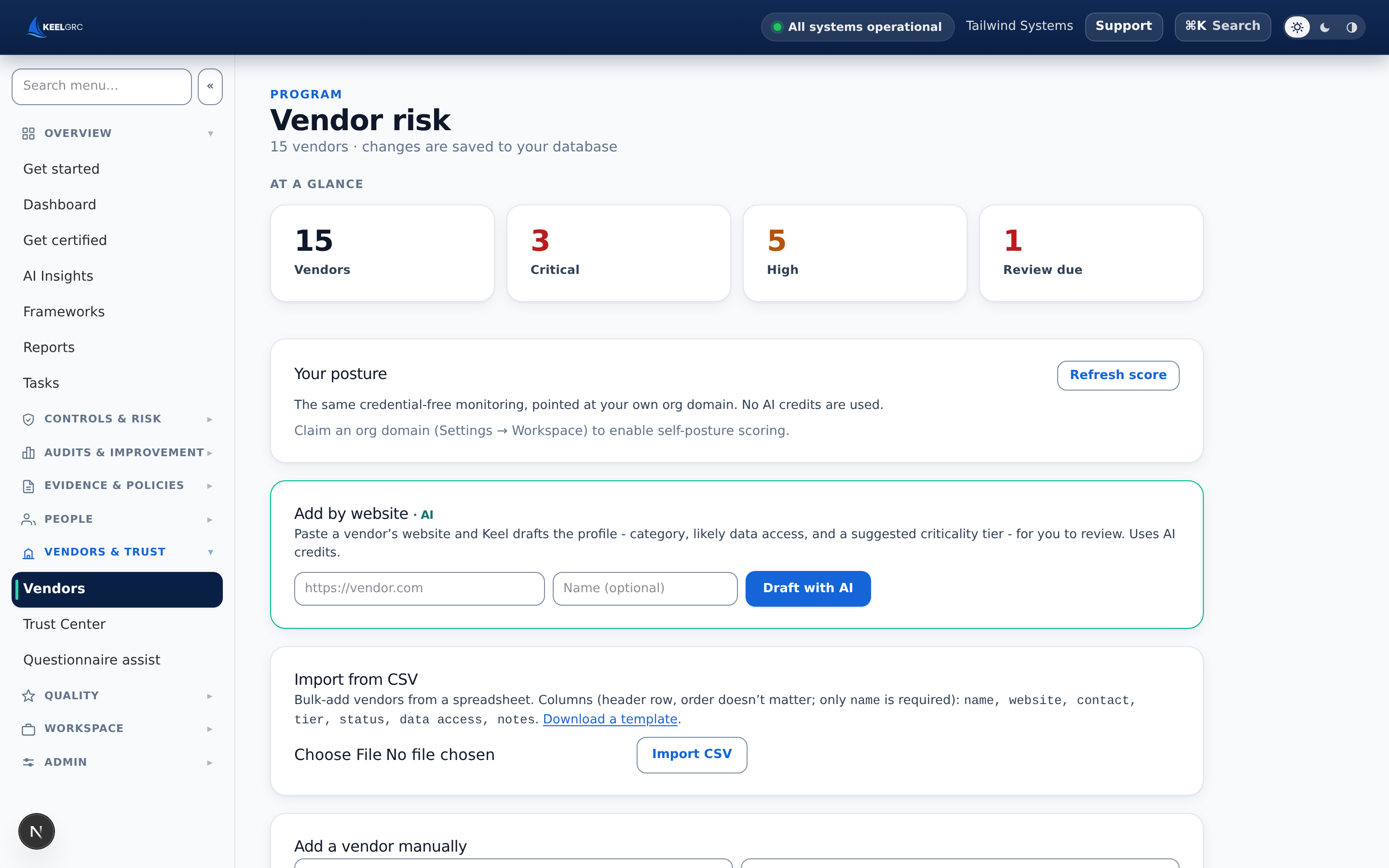 Keel vendor risk view listing third parties by criticality with review cadences and an AI draft-from-website tool